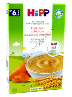 HIPP Terci organic fara lapte Orez, griu si morcov (6 luni) 200 g /2896/