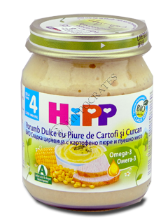 HIPP Meniu cu carne, Porumb dulce cu piure de cartofi si carne de Curcan (4 luni) 125 g /6203/